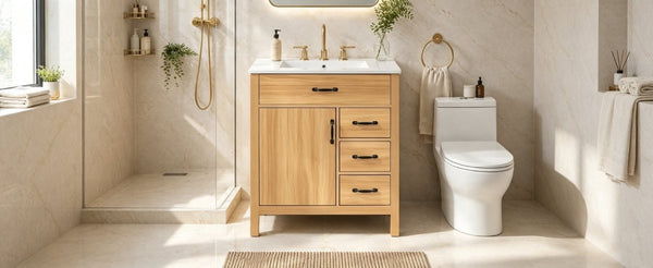 English Elm 30 Inch Modern Bathroom Vanity with Ceramic Sink Soft Close Drawers Matte Hardware N729P488578N