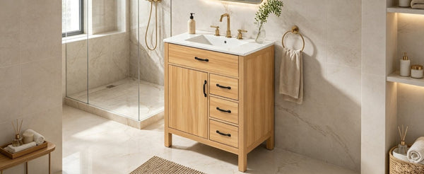 English Elm 30 Inch Modern Bathroom Vanity with Ceramic Sink Soft Close Drawers Matte Hardware N729P488578N