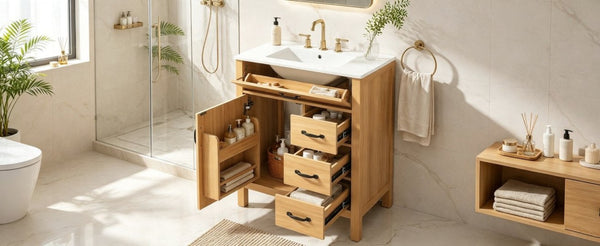 English Elm 30 Inch Modern Bathroom Vanity with Ceramic Sink Soft Close Drawers Matte Hardware N729P488578N