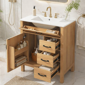English Elm 30 Inch Modern Bathroom Vanity with Ceramic Sink Soft Close Drawers Matte Hardware N729P488578N