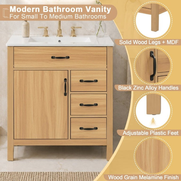 English Elm 30 Inch Modern Bathroom Vanity with Ceramic Sink Soft Close Drawers Matte Hardware N729P488578N
