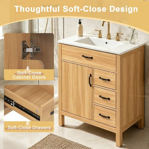 English Elm 30 Inch Modern Bathroom Vanity with Ceramic Sink Soft Close Drawers Matte Hardware N729P488578N