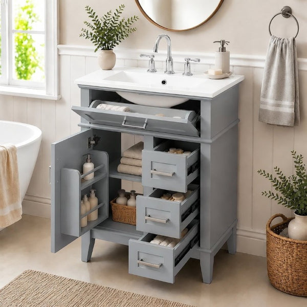 English Elm 24 Inch Freestanding Vanity Solid Wood Cabinet Ceramic Sink Four Drawer Bath Storage Gray N729P488872E