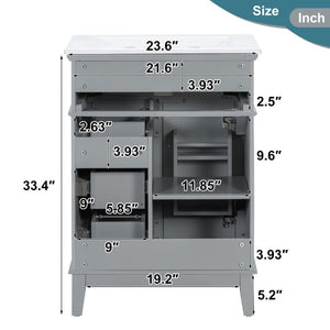 English Elm 24 Inch Freestanding Vanity Solid Wood Cabinet Ceramic Sink Four Drawer Bath Storage Gray N729P488872E