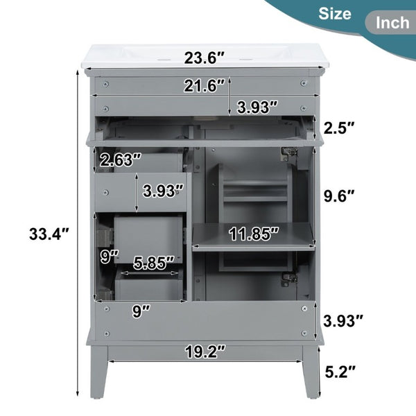 English Elm 24 Inch Freestanding Vanity Solid Wood Cabinet Ceramic Sink Four Drawer Bath Storage Gray N729P488872E