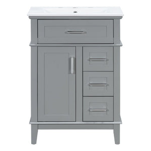 English Elm 24 Inch Freestanding Vanity Solid Wood Cabinet Ceramic Sink Four Drawer Bath Storage Gray N729P488872E