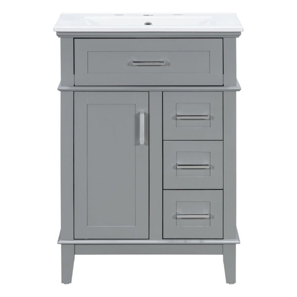 English Elm 24 Inch Freestanding Vanity Solid Wood Cabinet Ceramic Sink Four Drawer Bath Storage Gray N729P488872E