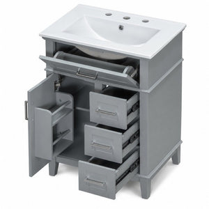 English Elm 24 Inch Freestanding Vanity Solid Wood Cabinet Ceramic Sink Four Drawer Bath Storage Gray N729P488872E