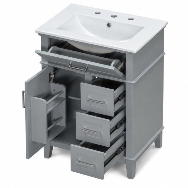 English Elm 24 Inch Freestanding Vanity Solid Wood Cabinet Ceramic Sink Four Drawer Bath Storage Gray N729P488872E