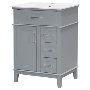 English Elm 24 Inch Freestanding Vanity Solid Wood Cabinet Ceramic Sink Four Drawer Bath Storage Gray N729P488872E