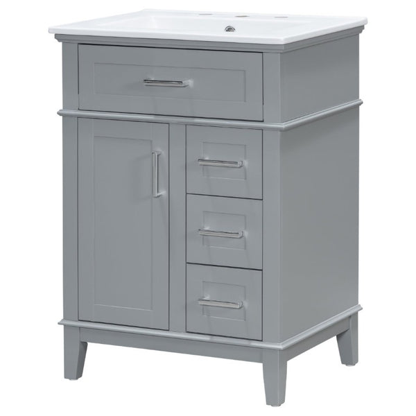 English Elm 24 Inch Freestanding Vanity Solid Wood Cabinet Ceramic Sink Four Drawer Bath Storage Gray N729P488872E