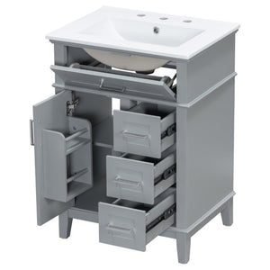 English Elm 24 Inch Freestanding Vanity Solid Wood Cabinet Ceramic Sink Four Drawer Bath Storage Gray N729P488872E