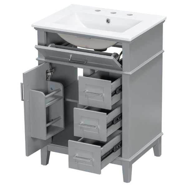 English Elm 24 Inch Freestanding Vanity Solid Wood Cabinet Ceramic Sink Four Drawer Bath Storage Gray N729P488872E