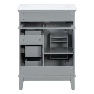 English Elm 24 Inch Freestanding Vanity Solid Wood Cabinet Ceramic Sink Four Drawer Bath Storage Gray N729P488872E