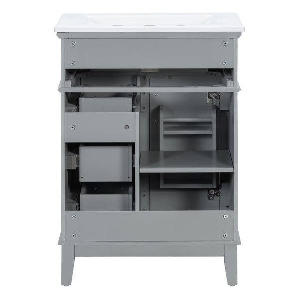 English Elm 24 Inch Freestanding Vanity Solid Wood Cabinet Ceramic Sink Four Drawer Bath Storage Gray N729P488872E