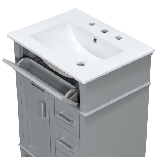 English Elm 24 Inch Freestanding Vanity Solid Wood Cabinet Ceramic Sink Four Drawer Bath Storage Gray N729P488872E