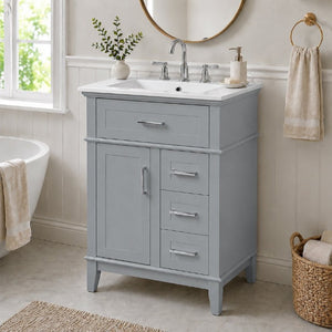 English Elm 24 Inch Freestanding Vanity Solid Wood Cabinet Ceramic Sink Four Drawer Bath Storage Gray N729P488872E