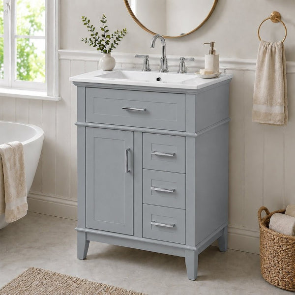 English Elm 24 Inch Freestanding Vanity Solid Wood Cabinet Ceramic Sink Four Drawer Bath Storage Gray N729P488872E