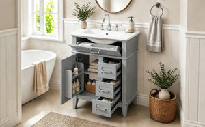 English Elm 24 Inch Freestanding Vanity Solid Wood Cabinet Ceramic Sink Four Drawer Bath Storage Gray N729P488872E