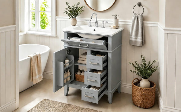English Elm 24 Inch Freestanding Vanity Solid Wood Cabinet Ceramic Sink Four Drawer Bath Storage Gray N729P488872E