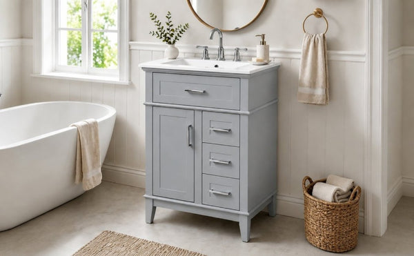 English Elm 24 Inch Freestanding Vanity Solid Wood Cabinet Ceramic Sink Four Drawer Bath Storage Gray N729P488872E