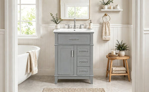 English Elm 24 Inch Freestanding Vanity Solid Wood Cabinet Ceramic Sink Four Drawer Bath Storage Gray N729P488872E