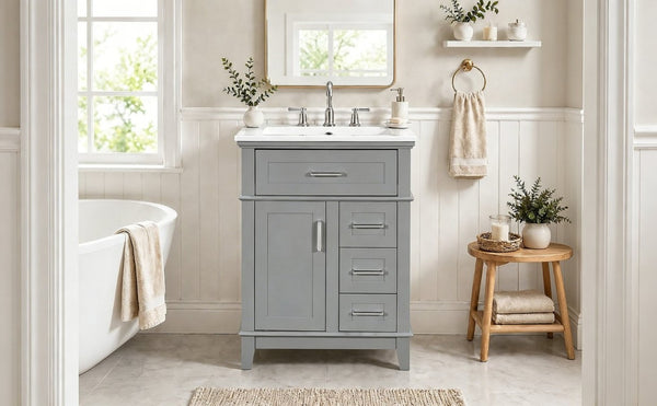 English Elm 24 Inch Freestanding Vanity Solid Wood Cabinet Ceramic Sink Four Drawer Bath Storage Gray N729P488872E