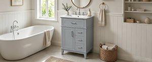 English Elm 24 Inch Freestanding Vanity Solid Wood Cabinet Ceramic Sink Four Drawer Bath Storage Gray N729P488872E