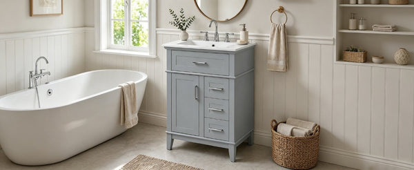 English Elm 24 Inch Freestanding Vanity Solid Wood Cabinet Ceramic Sink Four Drawer Bath Storage Gray N729P488872E