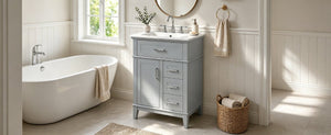English Elm 24 Inch Freestanding Vanity Solid Wood Cabinet Ceramic Sink Four Drawer Bath Storage Gray N729P488872E