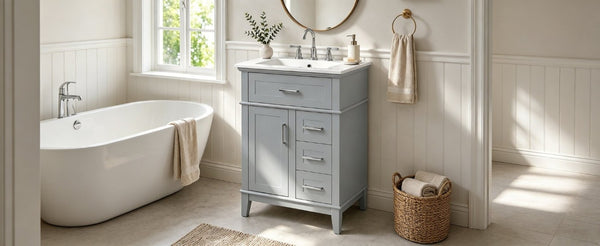English Elm 24 Inch Freestanding Vanity Solid Wood Cabinet Ceramic Sink Four Drawer Bath Storage Gray N729P488872E