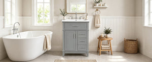 English Elm 24 Inch Freestanding Vanity Solid Wood Cabinet Ceramic Sink Four Drawer Bath Storage Gray N729P488872E