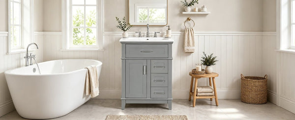 English Elm 24 Inch Freestanding Vanity Solid Wood Cabinet Ceramic Sink Four Drawer Bath Storage Gray N729P488872E