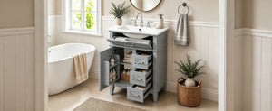 English Elm 24 Inch Freestanding Vanity Solid Wood Cabinet Ceramic Sink Four Drawer Bath Storage Gray N729P488872E