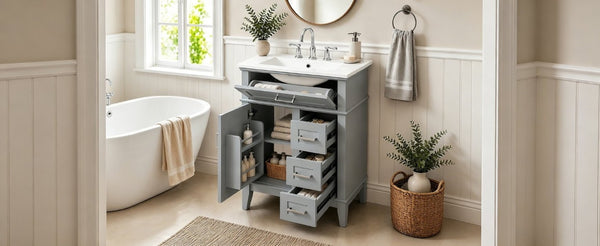 English Elm 24 Inch Freestanding Vanity Solid Wood Cabinet Ceramic Sink Four Drawer Bath Storage Gray N729P488872E