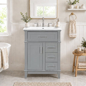 English Elm 24 Inch Freestanding Vanity Solid Wood Cabinet Ceramic Sink Four Drawer Bath Storage Gray N729P488872E