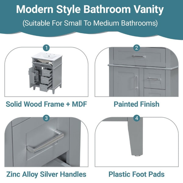 English Elm 24 Inch Freestanding Vanity Solid Wood Cabinet Ceramic Sink Four Drawer Bath Storage Gray N729P488872E