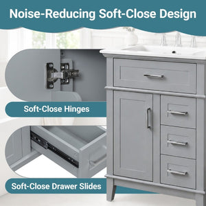 English Elm 24 Inch Freestanding Vanity Solid Wood Cabinet Ceramic Sink Four Drawer Bath Storage Gray N729P488872E