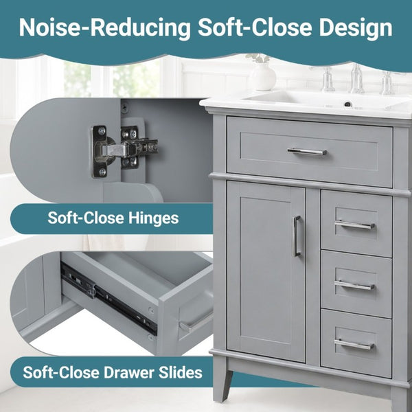 English Elm 24 Inch Freestanding Vanity Solid Wood Cabinet Ceramic Sink Four Drawer Bath Storage Gray N729P488872E