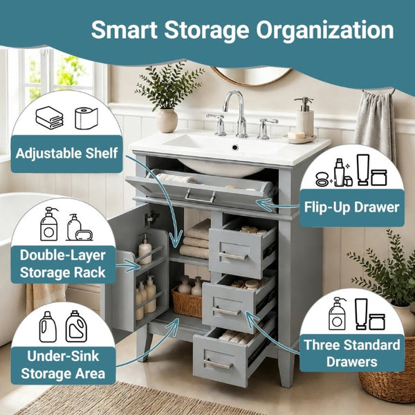 English Elm 24 Inch Freestanding Vanity Solid Wood Cabinet Ceramic Sink Four Drawer Bath Storage Gray N729P488872E