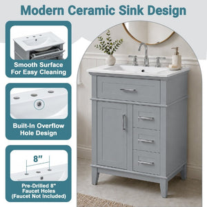 English Elm 24 Inch Freestanding Vanity Solid Wood Cabinet Ceramic Sink Four Drawer Bath Storage Gray N729P488872E