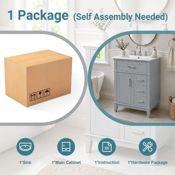 English Elm 24 Inch Freestanding Vanity Solid Wood Cabinet Ceramic Sink Four Drawer Bath Storage Gray N729P488872E