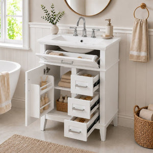 English Elm 24 Inch Freestanding Vanity Solid Wood Cabinet Ceramic Sink Four Drawer Bath Storage White N729P488872K