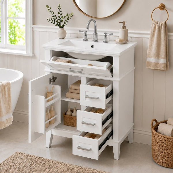 English Elm 24 Inch Freestanding Vanity Solid Wood Cabinet Ceramic Sink Four Drawer Bath Storage White N729P488872K