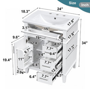 English Elm 24 Inch Freestanding Vanity Solid Wood Cabinet Ceramic Sink Four Drawer Bath Storage White N729P488872K