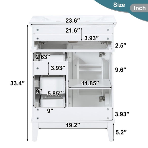 English Elm 24 Inch Freestanding Vanity Solid Wood Cabinet Ceramic Sink Four Drawer Bath Storage White N729P488872K