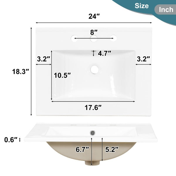 English Elm 24 Inch Freestanding Vanity Solid Wood Cabinet Ceramic Sink Four Drawer Bath Storage White N729P488872K