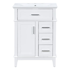 English Elm 24 Inch Freestanding Vanity Solid Wood Cabinet Ceramic Sink Four Drawer Bath Storage White N729P488872K