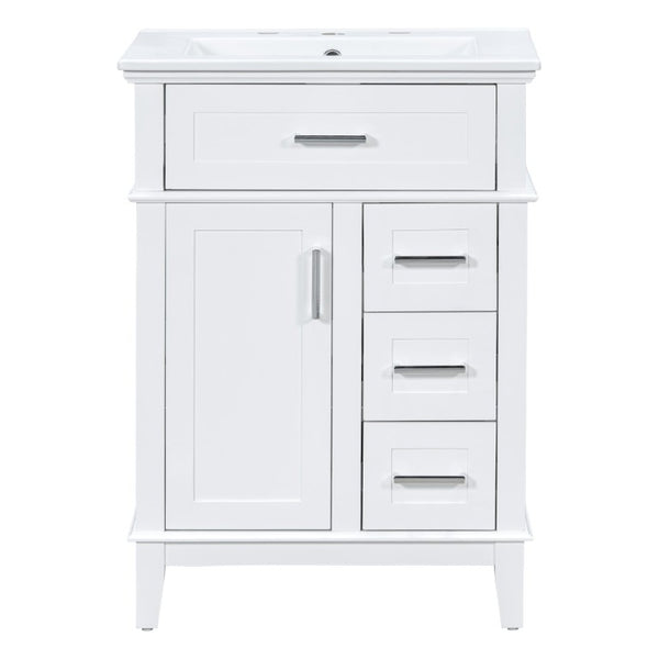English Elm 24 Inch Freestanding Vanity Solid Wood Cabinet Ceramic Sink Four Drawer Bath Storage White N729P488872K