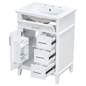 English Elm 24 Inch Freestanding Vanity Solid Wood Cabinet Ceramic Sink Four Drawer Bath Storage White N729P488872K
